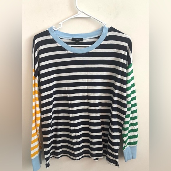 J Crew T-shirt Blue Green Yellow Striped  L Long Sleeve Crew Neck preppy casual - Picture 1 of 6